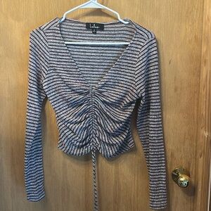Lulu's Cutie Pie Burgundy and Grey Striped Long Sleeve Top Rouched Front.